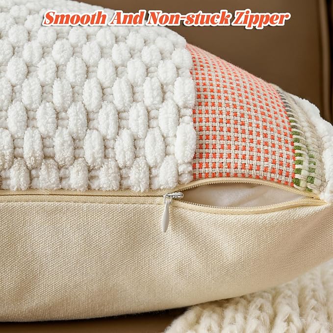 Chenille Striped Textured Boho Throw Pillow Covers Aesthetic with Tassels Woven Decorative Pillow Case for Couch Bed Sofa Bedroom Modern Funky 18 x 18-Inch White Orange