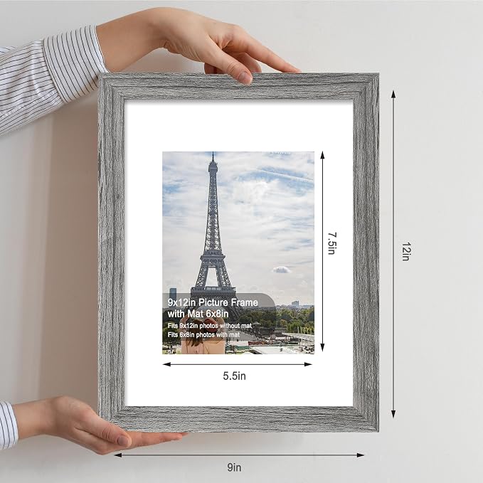 Hongkee 9x12 Picture Frame Set of 4, Made of Glass and Grey Wooden Frame - Display Picture 6x8 with Mat or 9 x 12 Without Mat, 9 by 12 Photo for Wall or Tabletop