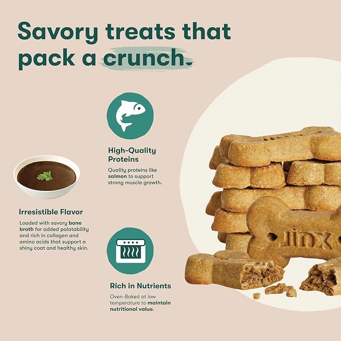 Jinx Dog Biscuits, Oven-Baked Dog Treats with Salmon Bone Broth, 16oz | 1-Pack Crunchy & Healthy Dog Treat, Superfood-Rich with Real Salmon, Dog Cookies for Puppies, Adults & Senior Dogs