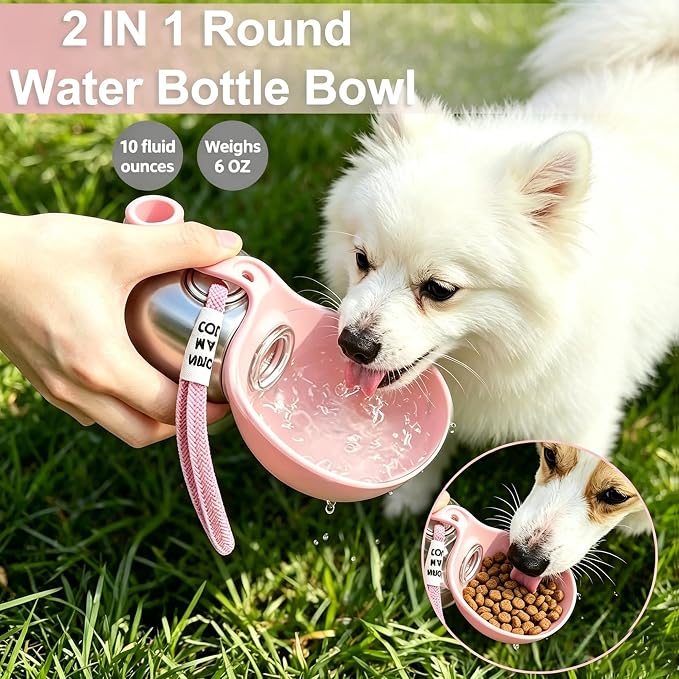 Dog Water Bottle Portable, 2in1 Round Dog Water Bowl Stainless Steel 10oz