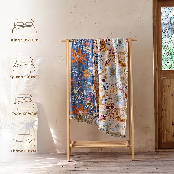 LUTBM Boho Throw Blanket for Bed 60"x80", All Season Cotton Couch Blankets | Reversible Floral Leaves Jacquard, All-Season Twin Lightweight Breathable Quilt, For Chair Sofa Bedroom Living Room