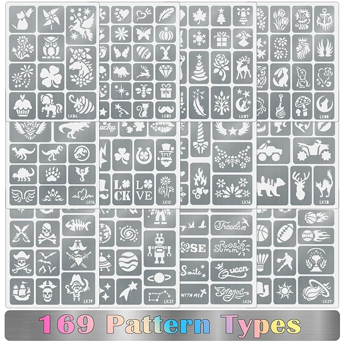 Temporary Tattoo Markers for Skin, 12 Metal Body Markers + 169 Large Tattoo Stencils for Kids Adults, Flexible Brush Tip, Bright Colors, Cosmetic-Grade Tattoo Ink, DIY Body Art Painting for Women Men