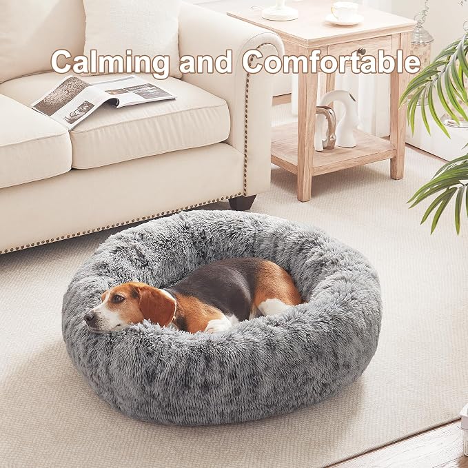 33 in Faux Fur Fluffy Donut Dog Bed for Medium Plus Dogs,Dark Grey | Calming Plush Round Pet Bed with Removable & Washable Cover,Fits up to 65 lbs Pets