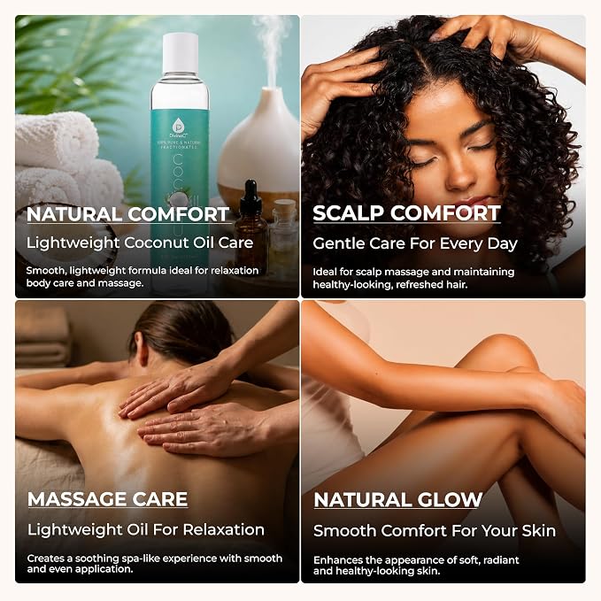Pursonic Pure Unscented Fractionated Coconut Oil - 8 Oz Multipurpose Oil for Skin, Hair, Body Massage & Makeup Removal - Carrier Oil for Essential Oils and Aromatherapy
