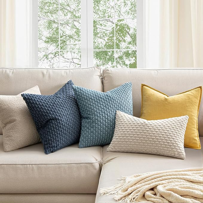 MIULEE Decorative Throw Pillow Covers 16x16 Blue Textured Corduroy | Pack of 2 Striped Pillow Covers Modern Farmhouse Coastal Home Decor for Couch Bed Sofa Living Room