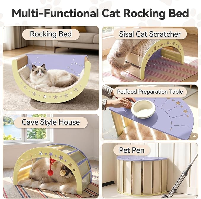 Cat Rocking Bed with Washable Removable Cushion and Sisal Scratching Pads Cat Scratcher Multifunctional Cat Furniture, Purple