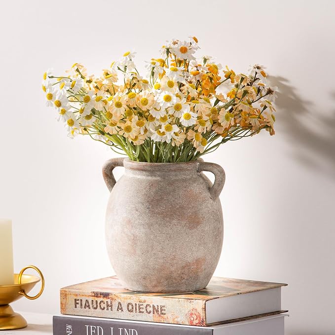 Dobbyby Ceramic Flower Small Vase 6 inch Farmhouse Rustic Vase Decorative Pottery Terracotta Vases for Home Decor Table Mantle Fireplace Living Room Bathroom Wedding Centerpiece