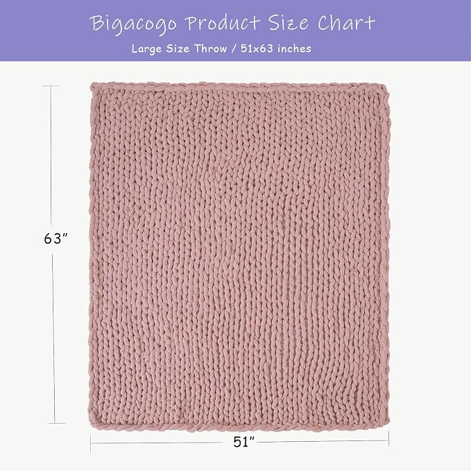 Bigacogo Chunky Knit Throw Blanket for Couch, 51x63 inches, Dusty Pink | Hand Knit with Jumbo Chenille, Soft Breathable Cable Knit for Sofa Bed Living Room, Machine Washable, Gift for Mom Friend