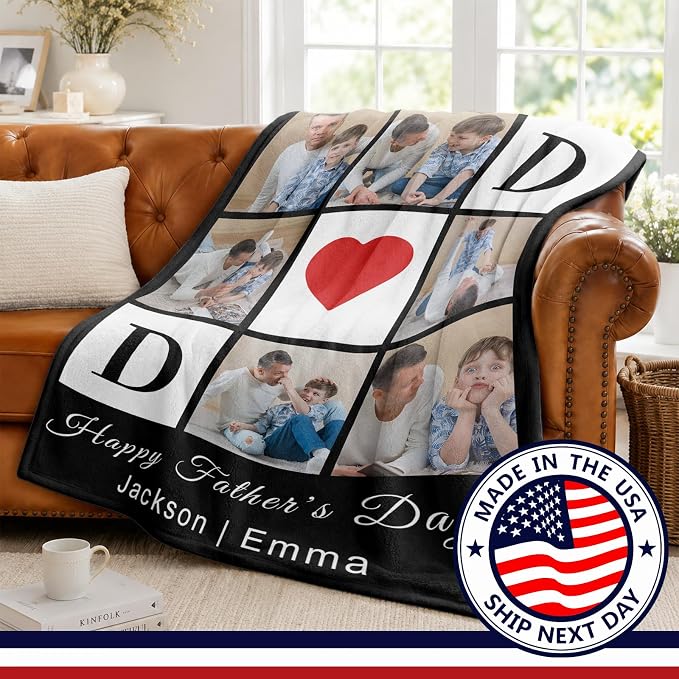 Fathers Day Birthday Gift for Dad Custom Blanket with 6 Photo & Text, Personalized Blankets with Picture to My Dad, HD Printing Customized Flannel Throw Blanket Gifts for Best Daddy Grandpa Ever