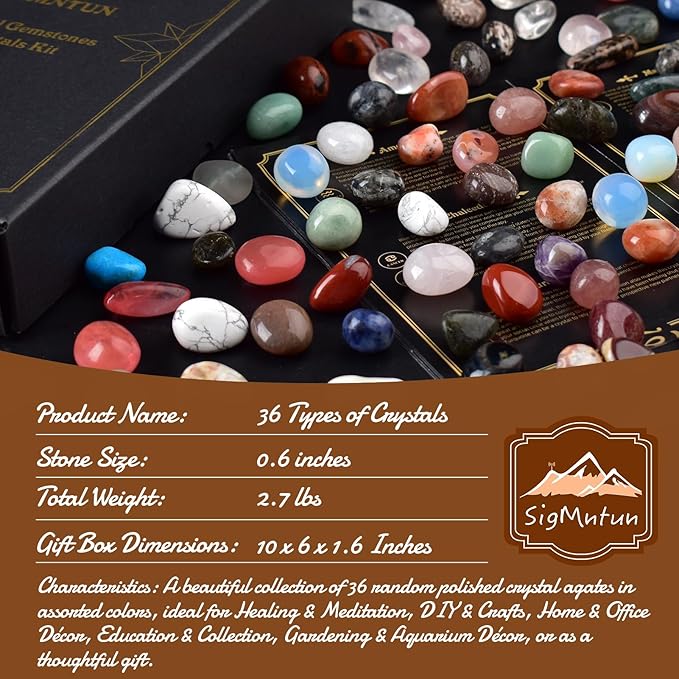 36 Varieties Healing Crystals Stones Bulk Set, Christmas Gifts - 2.5 lbs, 0.6" Natural Polished & Tumbled Gemstones Collection and Decorative Rocks for Chakra, Meditation, Reiki, Crafts
