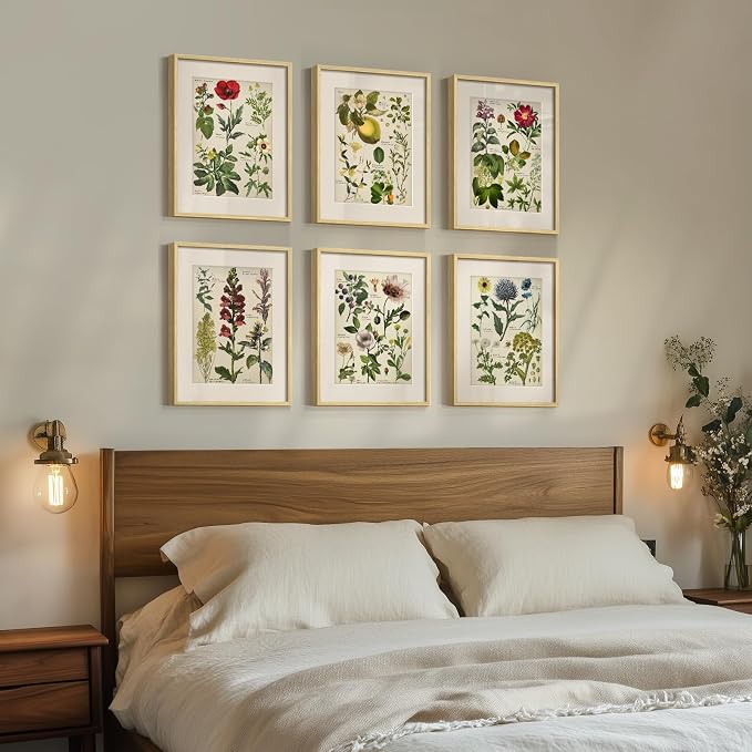 Framed Botanical Floral Wall Art for Kitchen, Set of 6 Green Painting Canvas Prints with Mat for Modern Farmhouse Wall Decor, Rustic Plant Flower Pictures for Living Room Bedroom Dining Room, 11x14