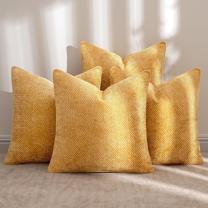 MIULEE Soft Decorative Chenille Pillow Covers Gold 18x18 Pack of 4 | Modern Home Decor, All Same Gold Color Set, Couch Throw Pillows, Farmhouse Boho Cushion Covers for Sofa Bed Living Room