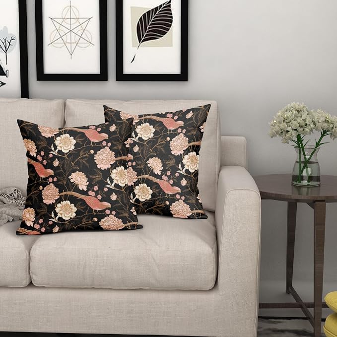 Pink White Roses Floral Pillow Covers 20X20 Inch Set of 2 Retro Flowers Birds Gold Leaf Decorative Pillow Cases Art Vintage Black Cotton Linen Cushion Case Home Decor For Sofa Couch Porch Outdoor