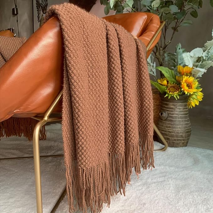 LOMAO Knitted Throw Blanket with Tassels Bubble Textured Lightweight Throws for Couch Cover Home Decor (Caramel, 60x80)
