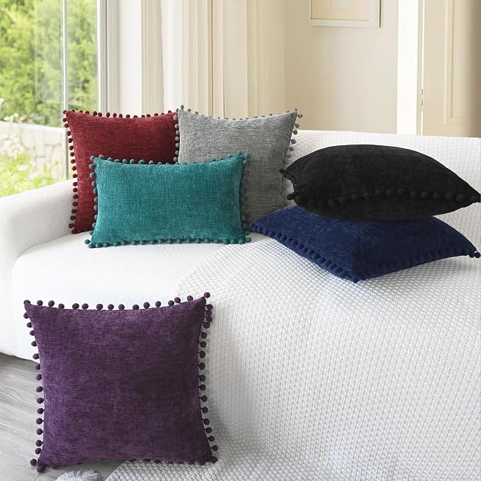 CaliTime Decorative Couch Throw Pillow Covers 18 X 18 Inches Plum Purple | Pack of 2, Cozy Chenille Cushion Cases, with Pom Poms for Sofa Bed Living Room Farmhouse Home
