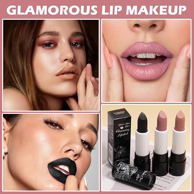 3PCS Matte Black Lipstick Black Lip Gloss Non-Stick Cup Velvet Lip Stain Long Lasting Matte Lipstick for Women Halloween Black Lip Makeup