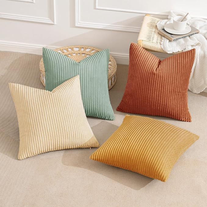 MIULEE Soft Corduroy Decorative Throw Pillow Covers Teal-Rust 16x16 | Set of 4, Mordern Rustic Home Decor, Retro Vintage Set, Boho Farmhouse Cushion Covers for Couch Bed Sofa Living Room