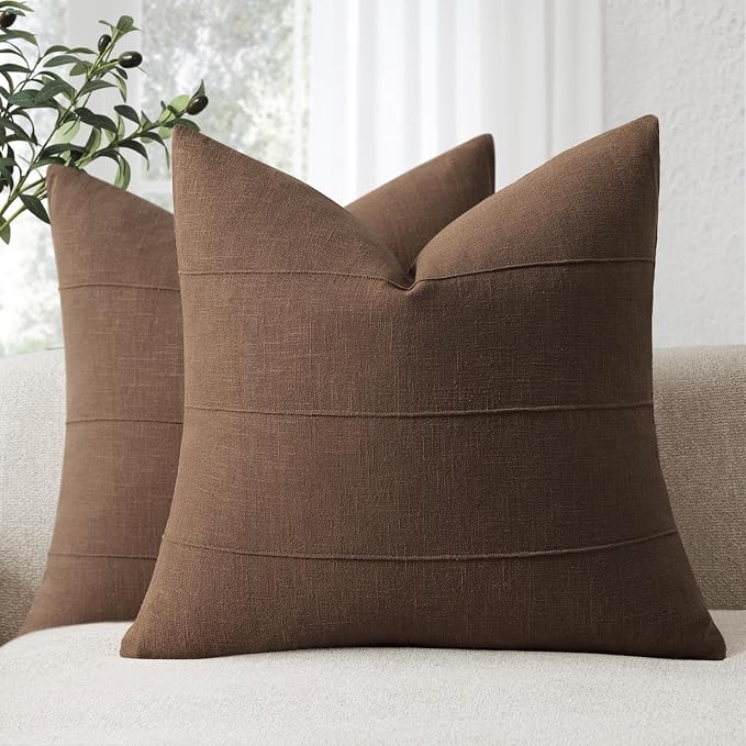 Decorative Linen Throw Pillow Covers 20x20 Set of 2 Solid Handcrafted Striped Cushion Covers for Bed Soft Modern Farmhouse Neutral Pillowcase for Couch Bedroom Living Room Home Decor(Brown)