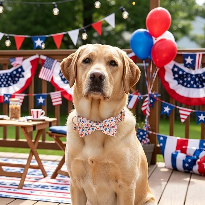 ADOGGYGO Patriotic Dog Collar with Bow Tie, Detachable Ice Cream Print Bowtie, Adjustable 4th of July Collar for Extra Large Dogs (XL)