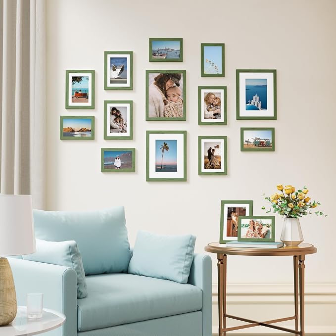 Vittanly 15 Pack Picture Frames Collage Wall Decor, Wall/Tabletop Display | Rustic Green, Multi-Size Gallery Wall Frame Set: 3pcs 8x10, 6pcs 5x7, 6pcs 4x6. Picture Frame Set for Family