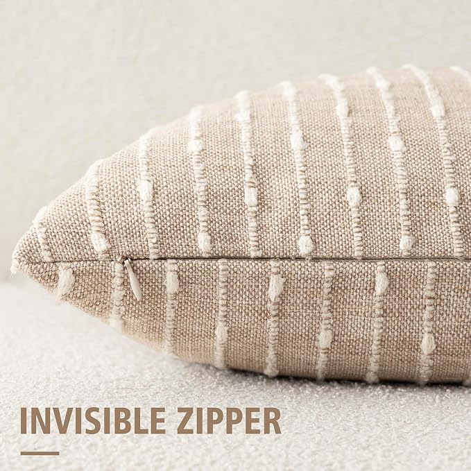 Foindtower Pack of 2 Decorative Jacquard Boucle Throw Pillow Covers Accent Textured Striped Pillowcases Soft Boho Modern Cushion for Couch Sofa Bedroom Living Room Home Decor 22x22 Inch Natural Beige