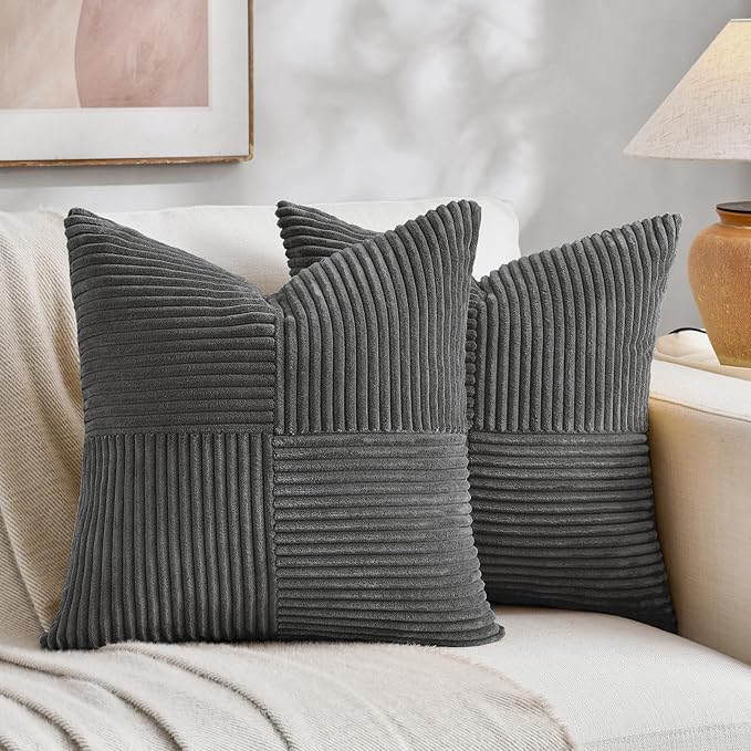 Fancy Homi Set of 1 Dark Gray Square Decorative Throw Pillow Covers 14x14 Inch for Living Room Bedroom Couch Bed Sofa, Soft Striped Corduroy Modern Rectangle Accent Cushion Case 35x35 cm