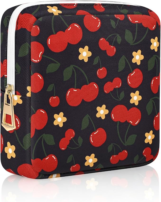 Period Bag Discreet Sanitary Napkin Storage Bags Pad Pouch | Cherry Print Deisgn, Portable, Menstrual Cup & Pad Holder, First Period Kit Storage, Feminine Bag for Women