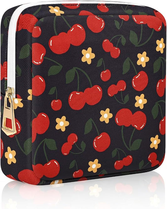 Period Bag Discreet Sanitary Napkin Storage Bags Pad Pouch | Cherry Print Deisgn, Portable, Menstrual Cup & Pad Holder, First Period Kit Storage, Feminine Bag for Women