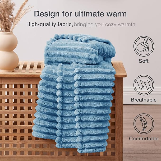 EXQ Home Fleece Throw Blanket for Couch or Bed - 3D Stripe Jacquard Decorative Blankets - Cozy Soft Lightweight Fuzzy Flannel Blanket Suitable for All Seasons(50"×60",Blue)