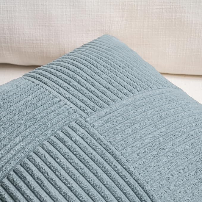 Fancy Homi Set of 1 Light Blue Lumbar Decorative Throw Pillow Covers 14x24 Inch for Couch Bed, Rustic Farmhouse Boho Home Decor, Soft Striped Corduroy Rectangle Accent Cushion Case 35x60 cm