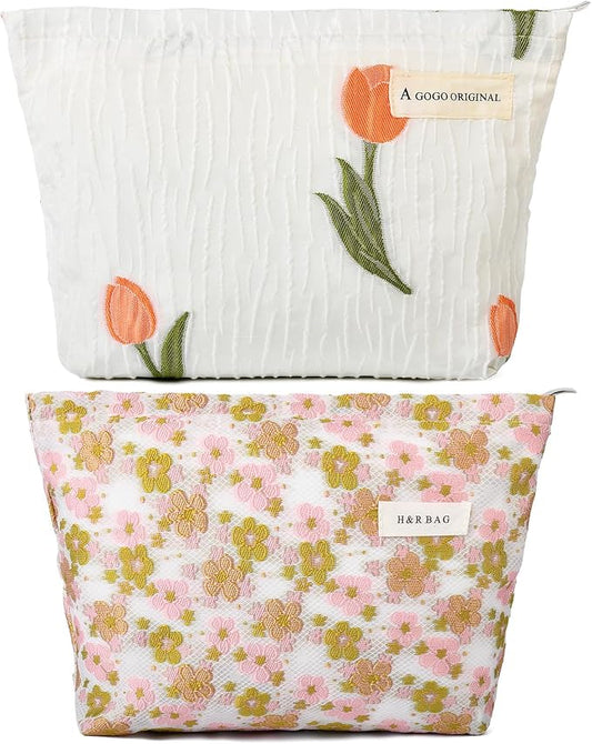SOIDRAM 2 Pieces Flower Makeup Bag Large Floral Cosmetic Bag Capacity Canvas Travel Toiletry Bag Organizer Cute Makeup Brushes Aesthetic Accessories Storage Bag for Women, Embossed flower L White Pink