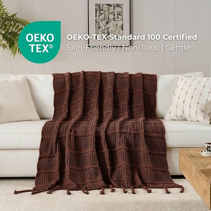Boho Knitted Chenille Blanket with Tassels - Lightweight & Soft All-Season Throw - 3D Classic Pattern for Living Room Bedroom Couch, Copper Brown, Throw 50"x60"