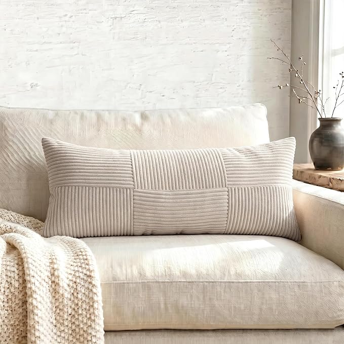 Fancy Homi Set of 1 Neutral Taupe Boho Long Lumbar Body Decorative Throw Pillow Cover 14x36 Inch for Bed Couch Bedroom Bench, Soft Patchwork Corduroy Textured Pillow Case, Farmhouse Room Decor