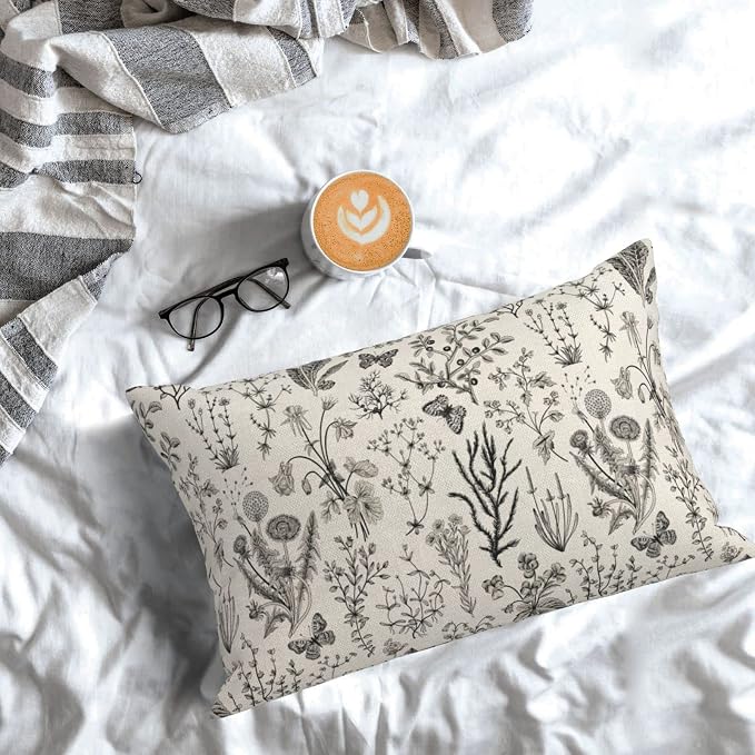AEIOAE Spring Pillow Covers 12x20 Inch Set of 2,Black Gray Wild Flower Plant Throw Pillows Case,Seasonal Floral Outdoor Decorative Linen Farmhouse Decor Cushion Covers for Home Sofa Bed Couch