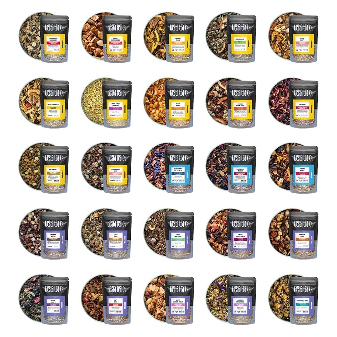 Tiesta Tea - Caffeine Free Tiesta Tasting Sampler Dry Flight Set, Loose Leaf, No Caffeine, Makes Hot & Iced, Assorted Tea Sets with Herbal, and Fruit Blends, 25 Resealable Sample Pouches