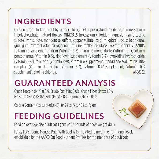 Purina Fancy Feast Gems Wet Cat Food with Beef, 4 oz boxes, 8-Pack | 16 single servings, mousse pate with savory gravy, made with no artificial preservatives, 100 percent complete and balanced