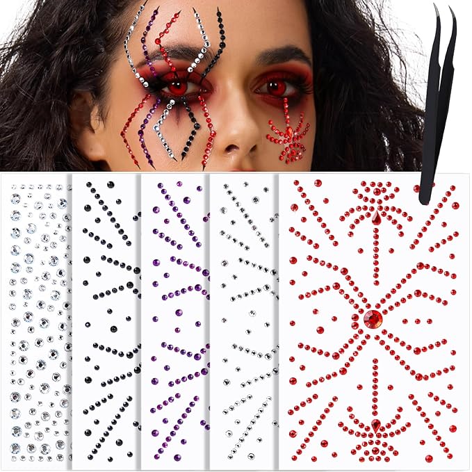 YGDZ Face Gems for Women, Halloween Face Jewels Stickers, 4 Color (Red, Black, Purple, Silver) Spider Web Rhinestones for Face Makeup, Rave Accessories