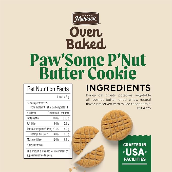 Merrick Oven Baked Dog Treats, Natural Cookies for Dogs, Paw’Some P’nut Butter Cookie with Real Peanut Butter