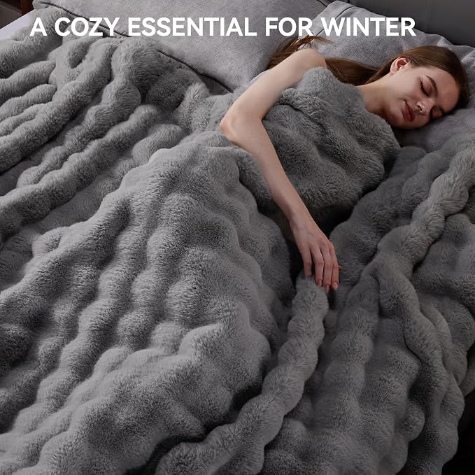 Anysay Faux Fur Throw Blanket,1000GSM Fluffy Soft Bubble Blanket 90''*104'' | Cozy Plush Warm and Thick Blanket for Couch Bed, Fuzzy Rabbit Throw for Living Room Bedroom Light Grey