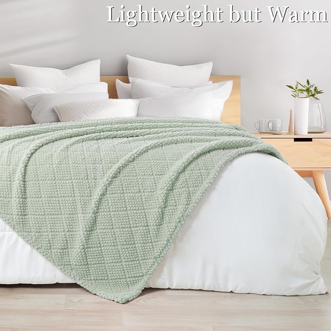 Whale Flotilla Soft Fleece Twin Size Blanket for Bed, Sage Green | Jacquard Waffle Blankets for Home Decor, Lightweight and Cozy, All Season Suitable, 60x80 Inch