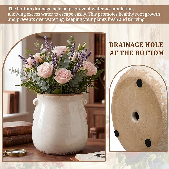 Ceramic Scroll Planter 6.5 Inch Chinoiserie Floral Vase with Drainage Holes Vintage Flower Vase Flower Pot Rustic Ceramic Pots for Indoor Plants Garden Home Bookshelf Decor (Pure White)
