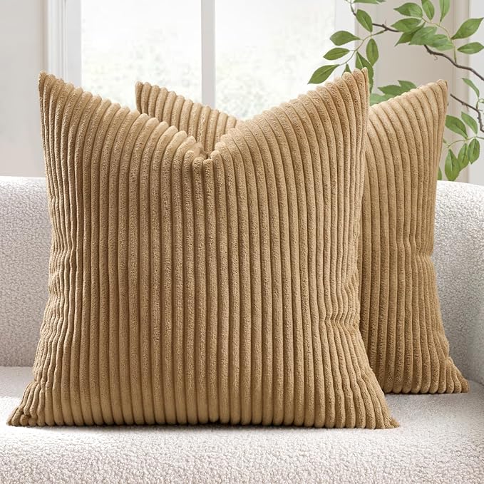 MIULEE Decorative Corduroy Throw Pillow Covers Set of 2 18x18 Khaki | Soft Striped Textured Cushion Cases, Boho Rustic Square Pillowcases for Home Decor, for Couch Chair Sofa Bed Living Room