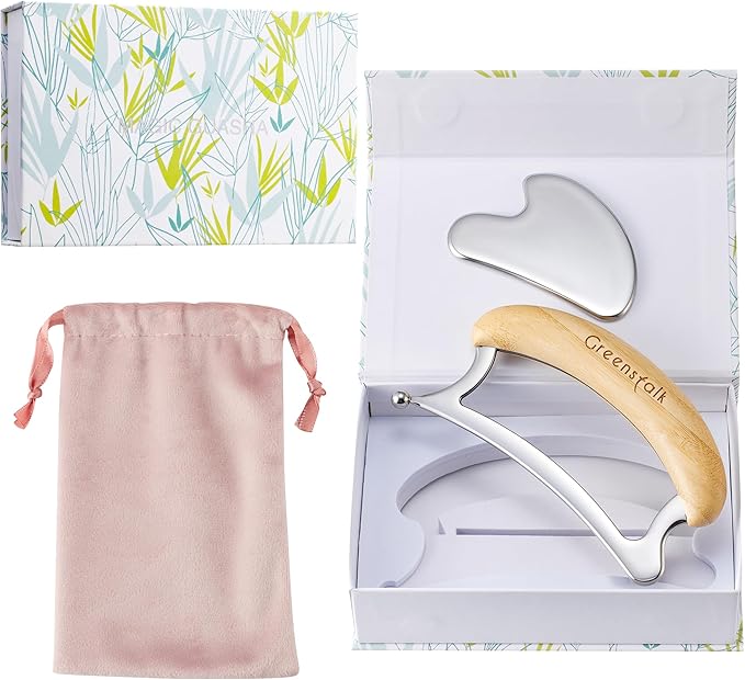 Greenstalk 2 in 1 Whole Body Stainless Steel Gua Sha Set for Muscle Relief, Wooden Massage Tools,Portable Body Scrapers Tool for Neck, Back, Feet Recovery.