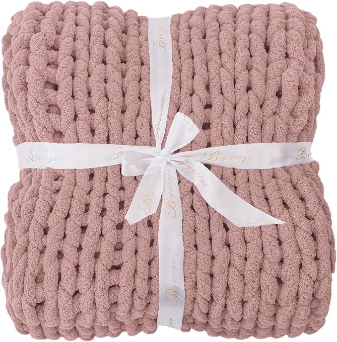 Bigacogo Chunky Knit Throw Blanket for Couch, 51x63 inches, Dusty Pink | Hand Knit with Jumbo Chenille, Soft Breathable Cable Knit for Sofa Bed Living Room, Machine Washable, Gift for Mom Friend