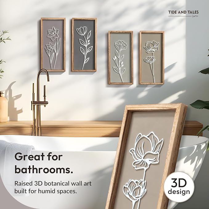 Tide and Tales 3d Framed Wall Art, Set of 4, Floral Boho Wall Decor | 7" x 16", Lightweight, Wooden, Ready-to-Hang Wall Decor for Living Room, Bathroom, Bedroom or Office, Botanical Farmhouse