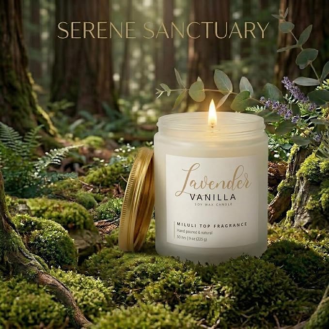 Lavender Vanilla Scented Candles for Home - 15% Essential Oil Luxury Aromatherapy - Handmade Natural Soy Wax Candle for Relaxation,Sleep- 9oz Frosted White Jar,50H Clean & Non-Toxic Burn