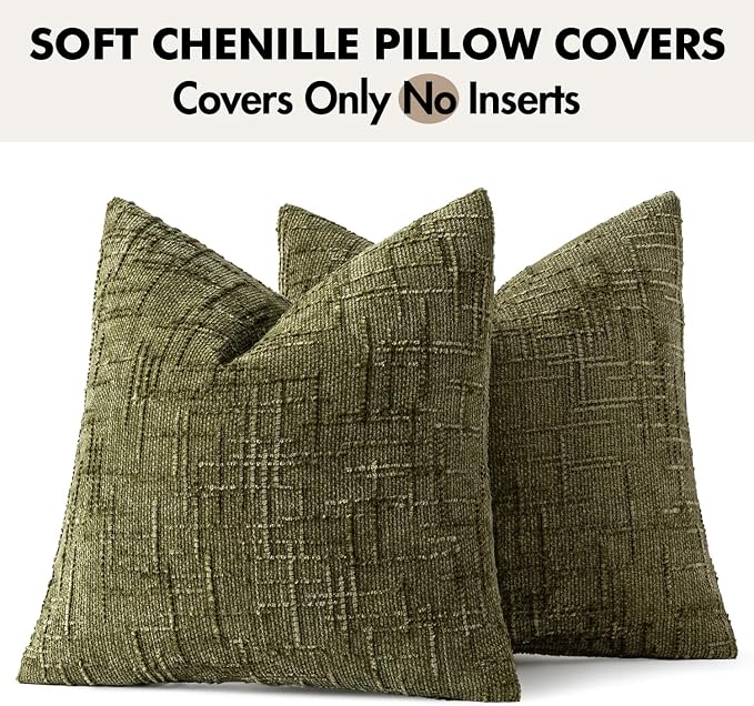 MIULEE Chenille Textured Throw Pillow Covers Olive Green 20x20 Set of 2 | Slubby Decorative Pillows, Boho Farmhouse Home Decor, Modern Neutral Cushion Covers for Couch Sofa Bed Living Room