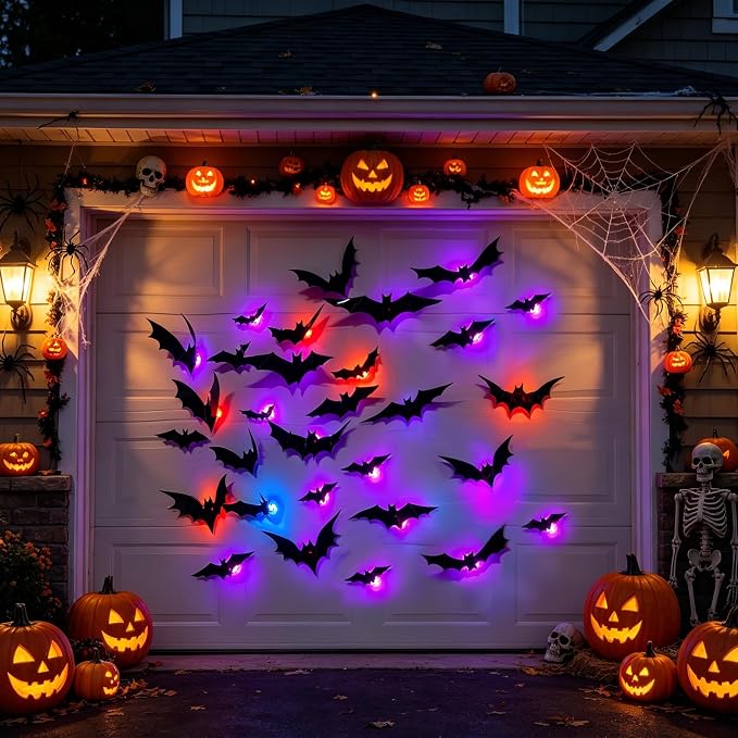 DR.DUDU 36 Pack Halloween Bats Wall Decor Halloween Decorations Indoor | Light Up Flashing Modes, Assorted Size, 3D Bat Stickers, for Bedroom Party Walls Bathroom Mirrors Garages Door