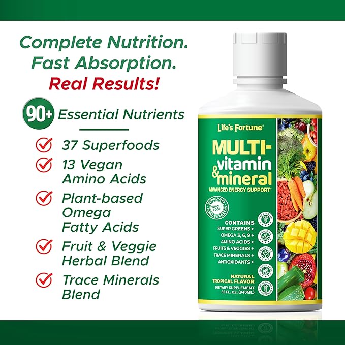 Life's Fortune Liquid Multivitamin for Adults Men & Women, Teens – High Absorption Daily Vitamins – Trace Minerals, Amino Acids, Biotin, L-Arginine, – Tropical Flavor, Sugar Free, 32 oz (Pack of 2)