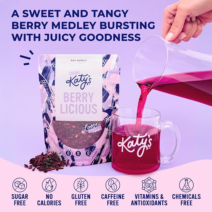 Katy’s Berry Loose Leaf Tea - Hibiscus, Blueberry & Cranberry - Fruity Herbal Tea, Caffeine-Free, Sugar-Free - Hot or Iced Tea - 30+ Cups